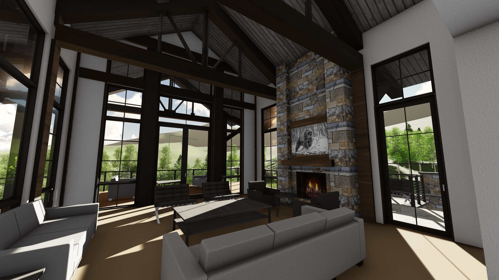 A spacious living room with high, vaulted ceilings, exposed dark wooden beams, and large windows allowing natural light. A stone fireplace with a roaring fire is the focal point, surrounded by modern gray and white furniture. On the boards outside, lush greenery is visible.