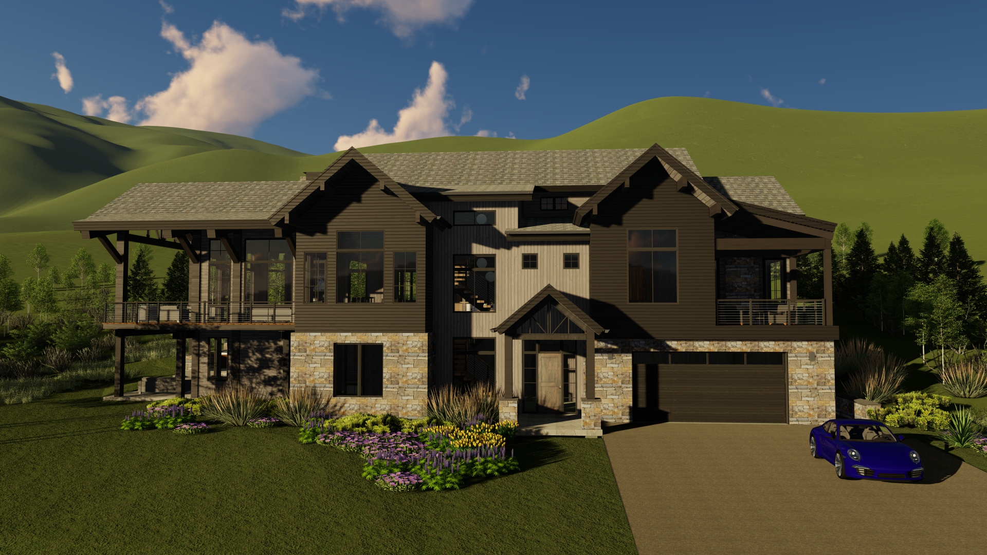 A large, modern house with dark wood and stone facade, on the boards in a lush, green landscape with mountains in the background. The house features extensive windows and multiple balconies. A blue sports car is parked in the driveway. Bright flowers adorn the front yard.