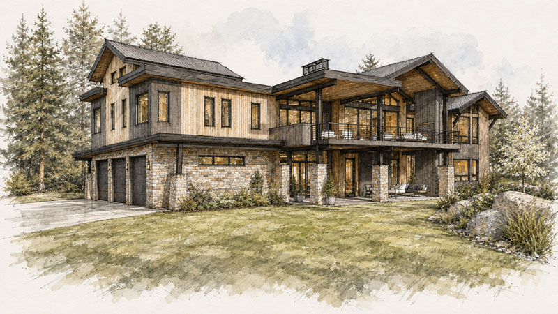A modern two-story house with wood and stone exterior, large windows, a spacious balcony, three-car garage, and a lawn, surrounded by trees.