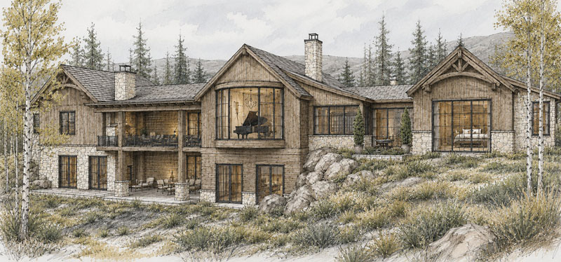 Rustic two-story house with stone and wood exterior, large windows, balconies, and a grand piano visible through an upper window; surrounded by trees and grassy landscape.