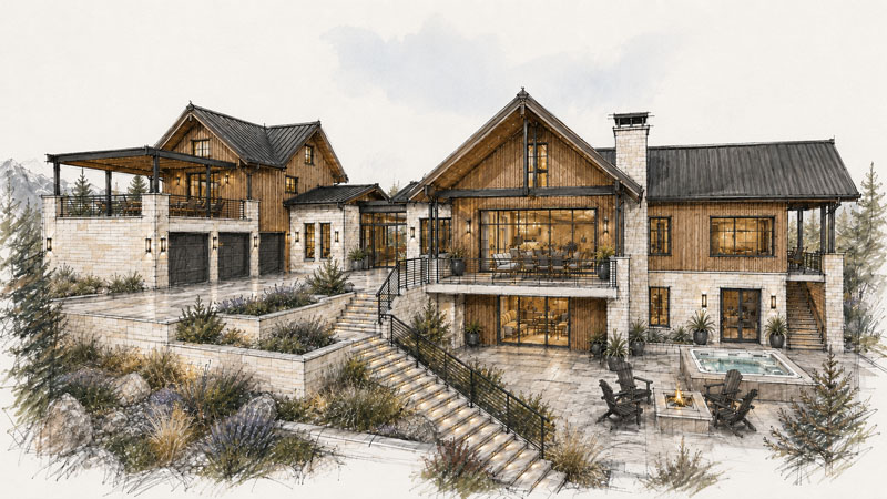 Architectural illustration of a large, modern mountain home with multiple levels, wood and stone exterior, large windows, a three-car garage, terraces, outdoor seating areas, a fire pit, and a hot tub, surrounded by landscaping.
