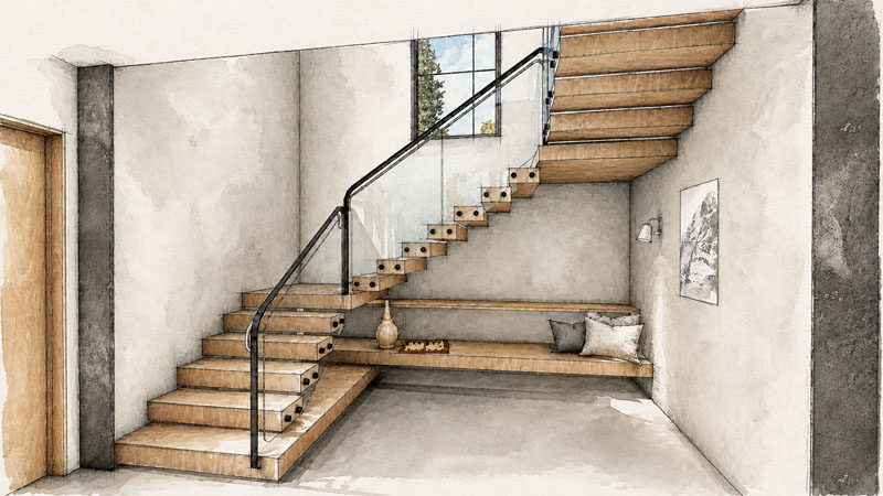 A modern wooden staircase with glass railing in a minimalist room, featuring a built-in bench below the stairs, a vase, pillows, a wall lamp, and a window letting in natural light.