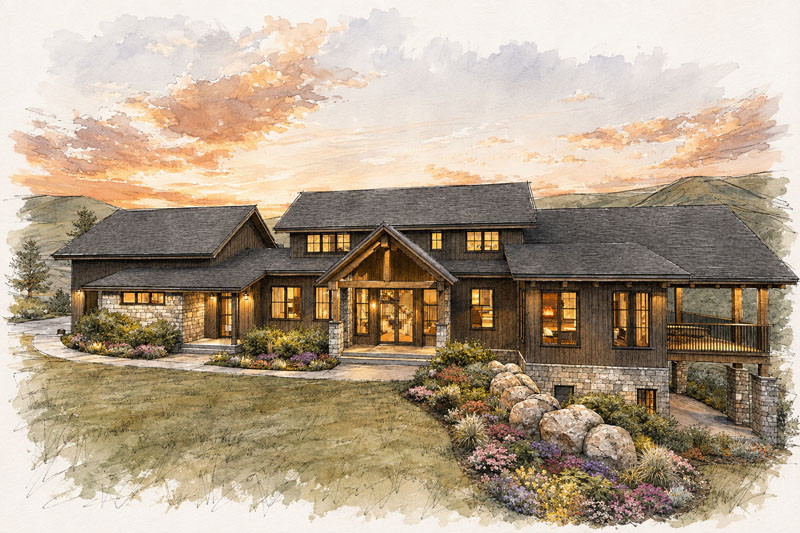 A rustic mountain house with wood and stone exterior, large windows, and a front porch, set amid landscaped gardens and hills at sunset with a colorful sky.