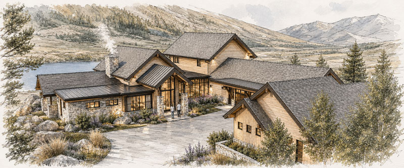 A large rustic house with wood and stone finishes sits by a lake, surrounded by trees and mountains under a cloudy sky. Smoke rises from a chimney, and wildflowers line the driveway.