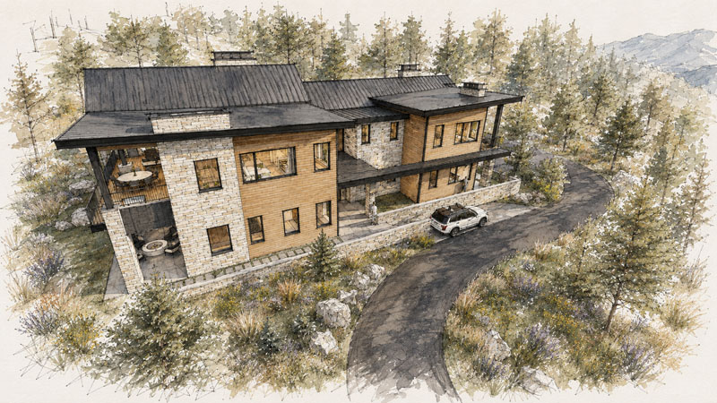 Architectural illustration of a modern two-story house with stone and wood exterior, surrounded by trees on a hillside, featuring a driveway with a parked vehicle.