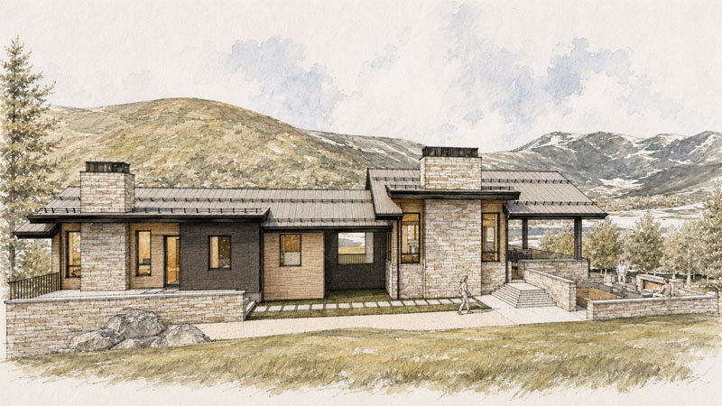 Architectural illustration of a modern ranch-style house with stone and wood accents, large windows, and two chimneys, set against a backdrop of rolling hills and mountains under a partly cloudy sky.