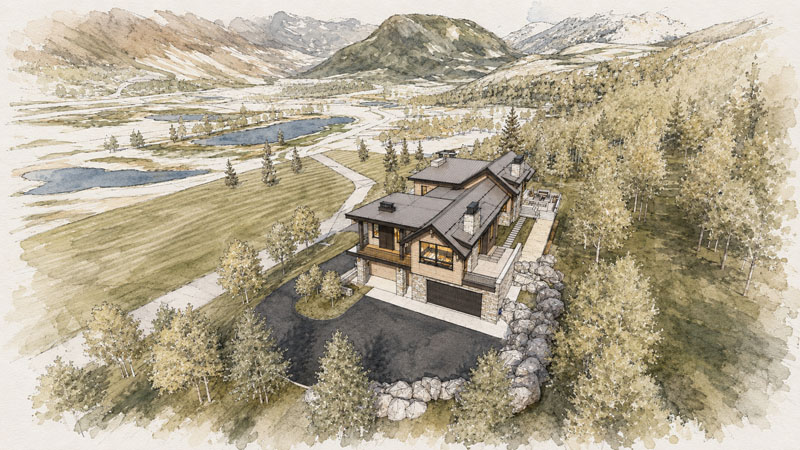 A watercolor-style aerial view of a modern house surrounded by trees and mountains, with a winding road, rivers, and open fields in the background.