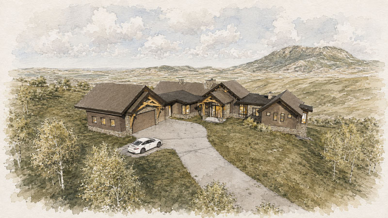 A watercolor-style rendering of a large house with a gabled roof, set in a grassy landscape with distant mountains. A white car is parked on the curved driveway in front. Scattered trees surround the property.
