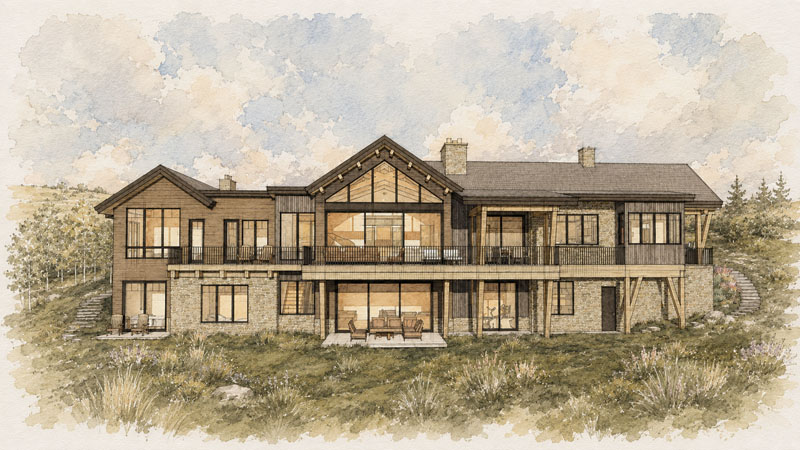Watercolor-style illustration of a modern two-story house with large windows, wooden and stone exterior, two fireplaces, balconies, and a covered patio, surrounded by grass and soft, cloudy sky in the background.